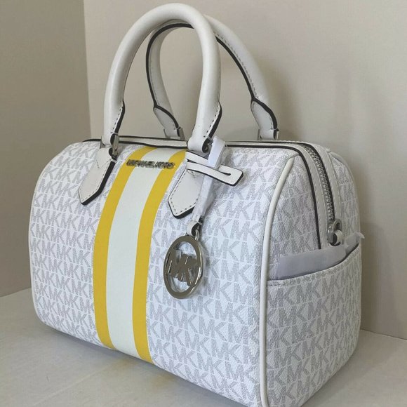 New Michael Kors Bedford Small Duffle Satchel Bright White with Yellow Stripe - Picture 2 of 6